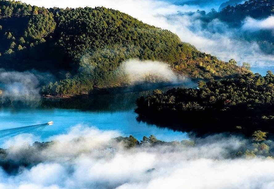 Morning mist over a lake surrounded by pine forest near Da Lat in Vietnam's central highlands