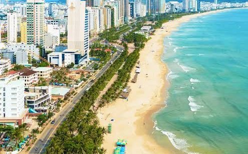 Aerial view of Da Nang's long city beach and skyline